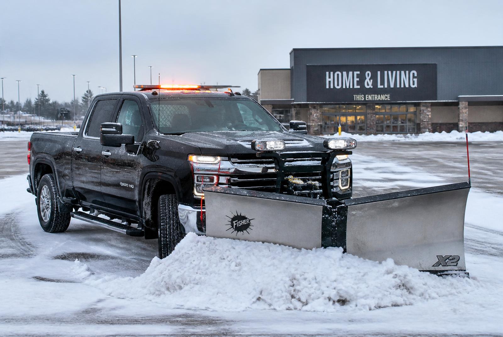 Heavy-duty American pickup truck with a steel V-plow clearing a commercial lot
