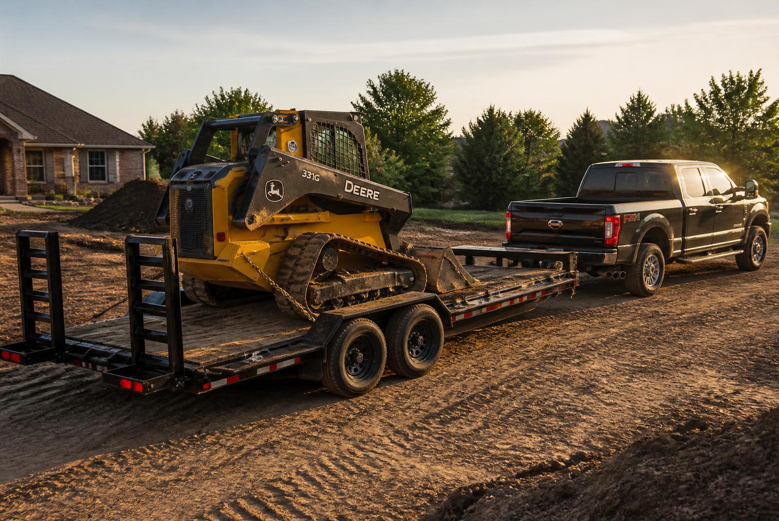 Track loader on a flatbed equipment trailer towed by a heavy-duty pickup truck