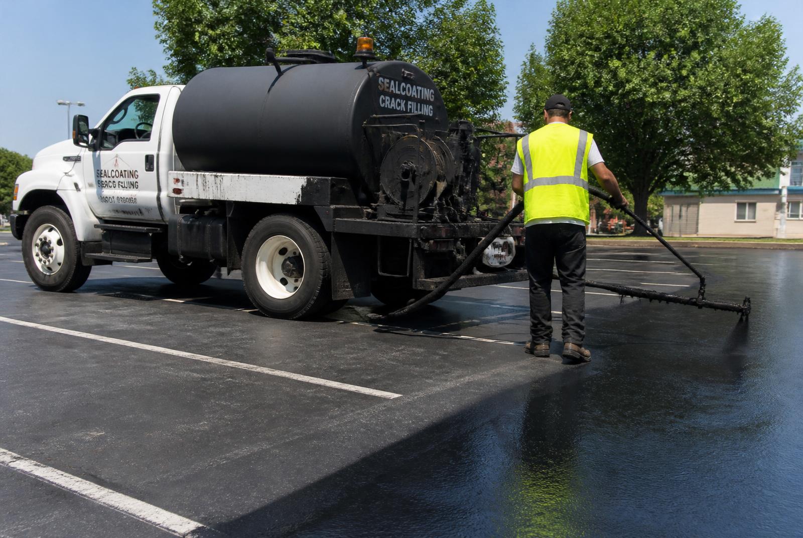 Seal coating spray rig truck applying fresh sealant to a parking lot