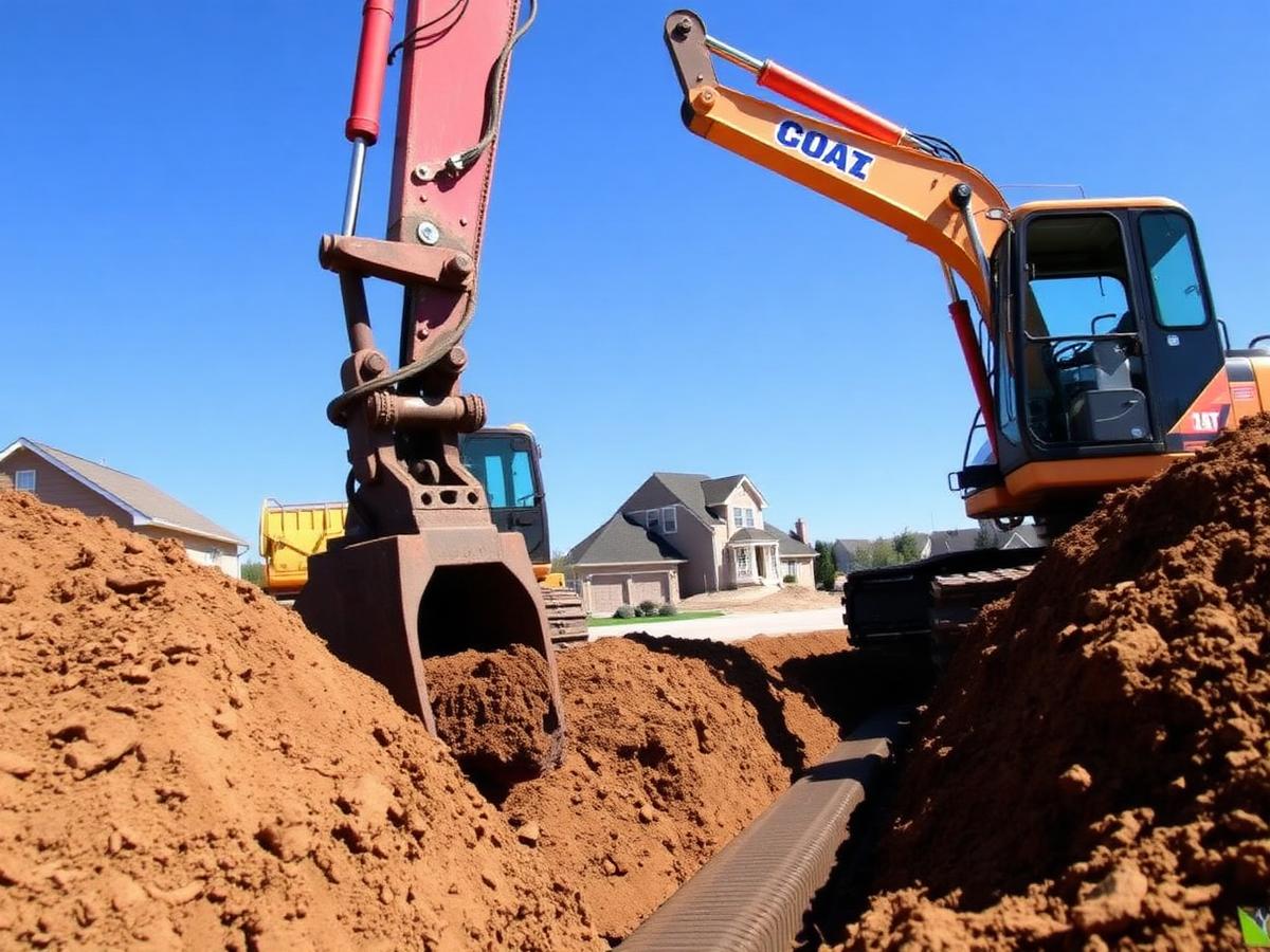 Excavator digging drainage trench