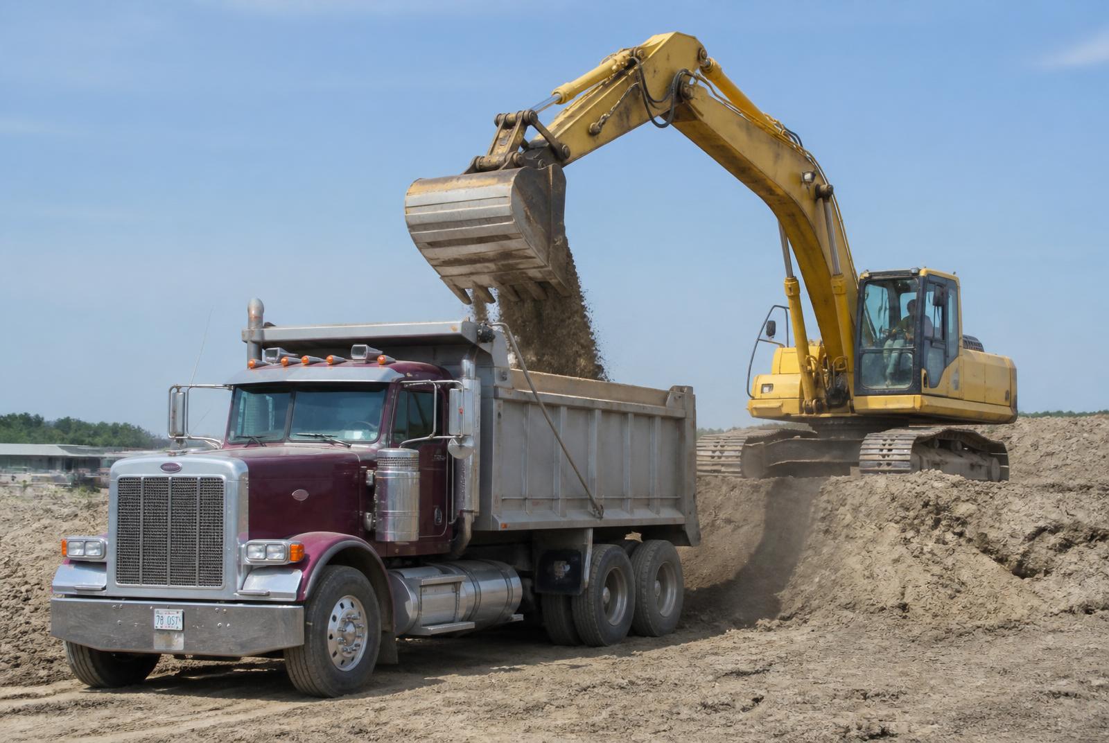 Tandem-axle dump truck being loaded by an excavator on an Illinois job site